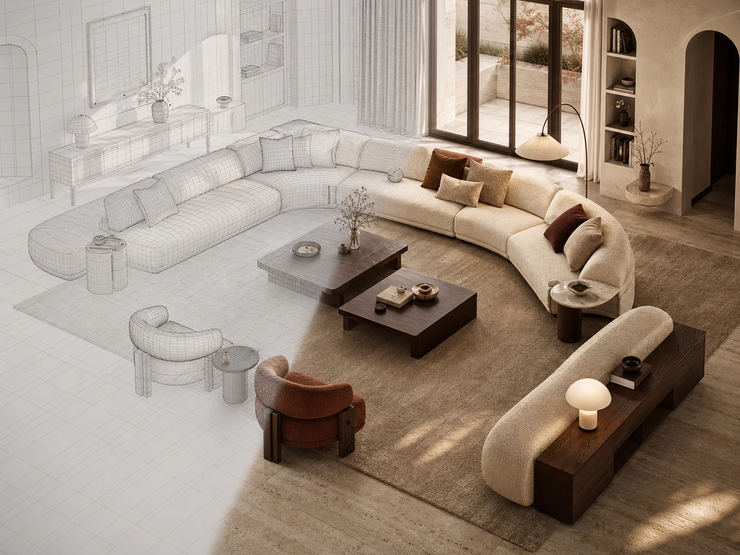 Elevated view of a complete living-room bundle transitioning from architectural mesh to photoreal ivory, walnut and rust materials